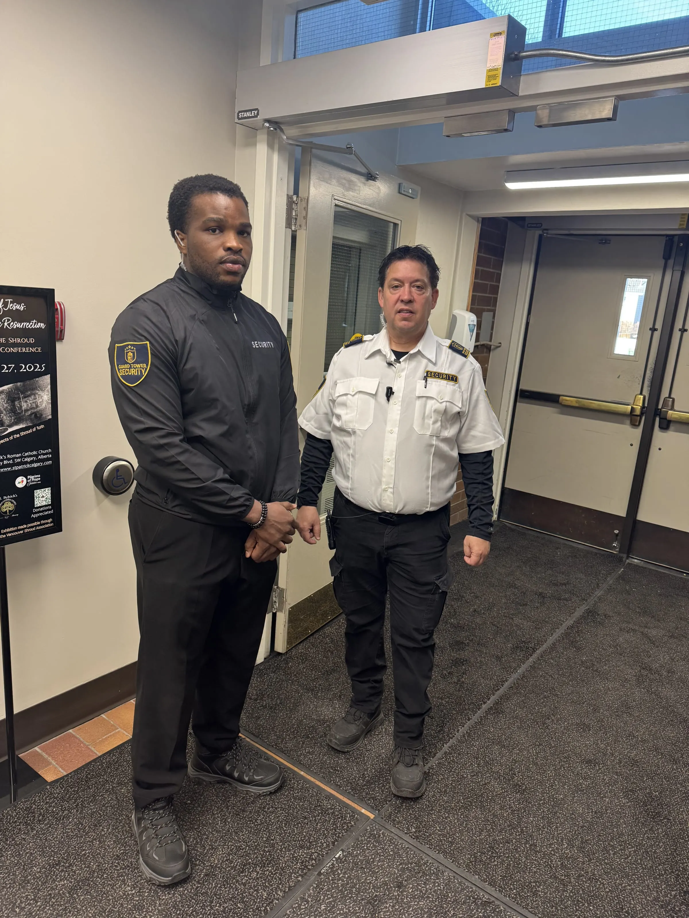 Guard Tower Security guards on duty at a Calgary building entrance