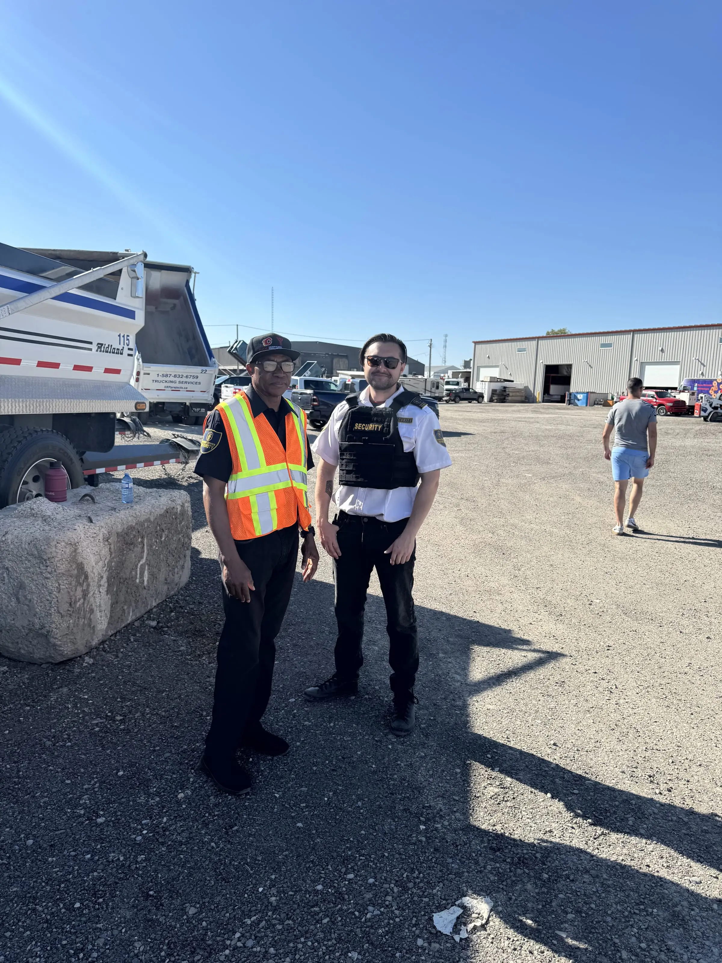 Guard Tower Security team inspecting an industrial yard in Calgary